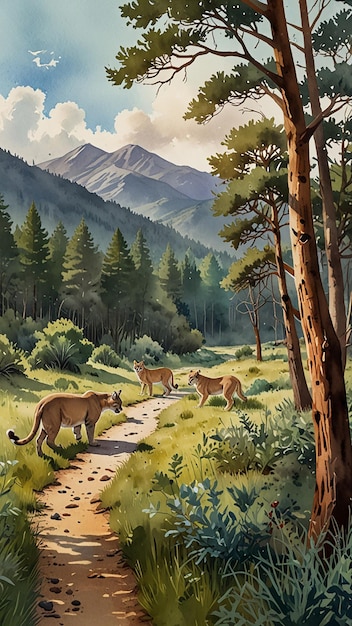 Watercolor painting A wildlife corridor connecting fragmented habitats and allowing animals like mou