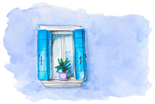 Photo watercolor painting of window with blue shutters on the lavender facade burano venice italy