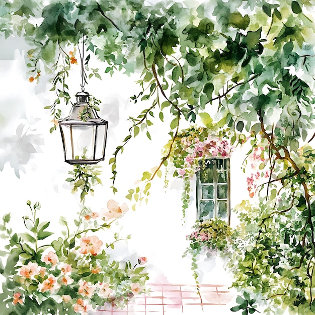 Photo watercolor painting of a window with flowers and a hanging lantern