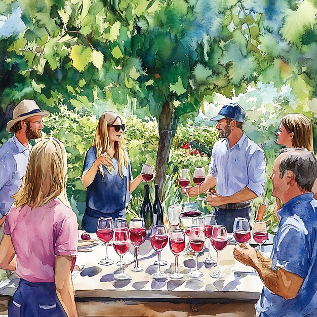 Watercolor Painting of a Wine Tasting Under the Grapevines