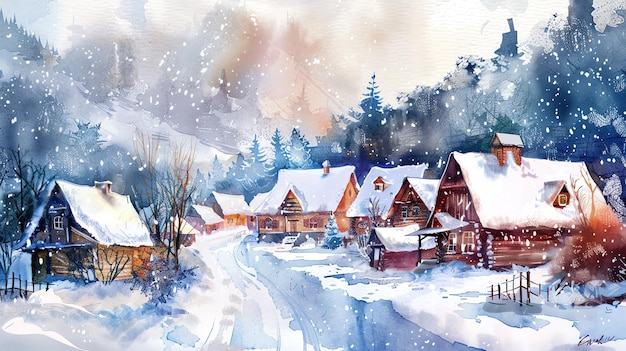 Photo a watercolor painting of a winter village