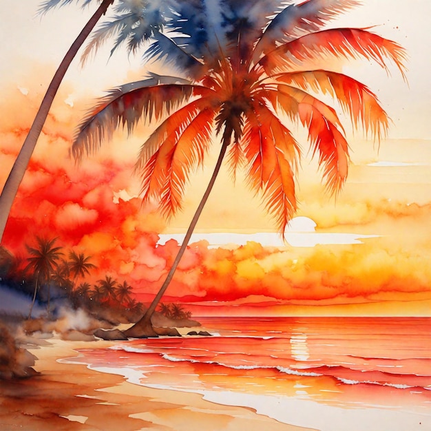 Watercolor painting with a style like water rotating to form coconut palms on the edge of the beach