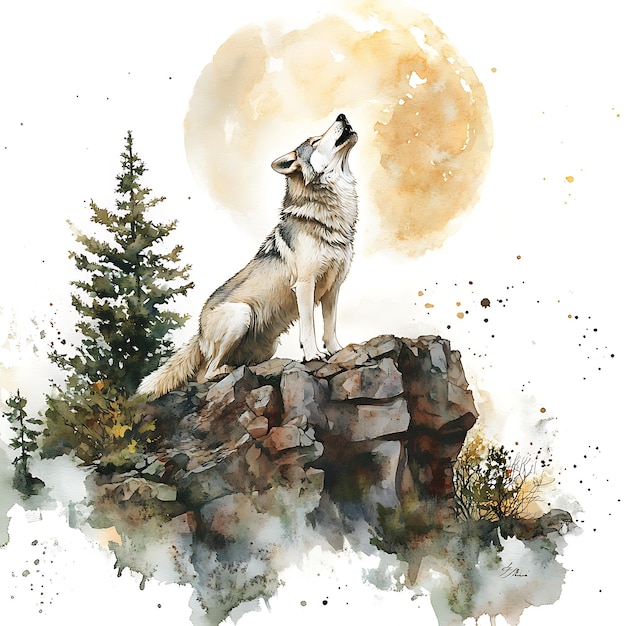 Photo watercolor painting of a wolf howling at the moon