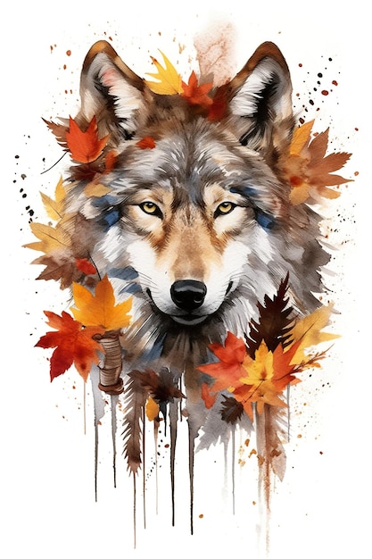 A watercolor painting of a wolf surrounded by leaves generative ai image