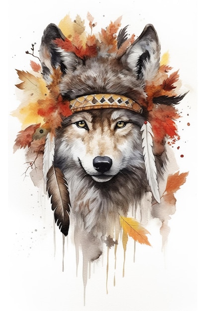 A watercolor painting of a wolf wearing an indian headdress generative ai image