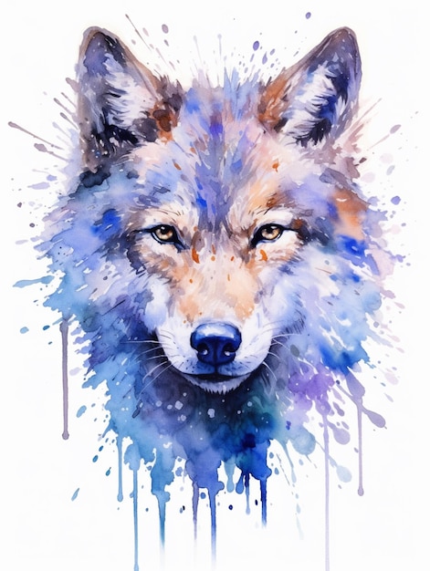 Watercolor painting of a wolf with blue eyes and a blue background.