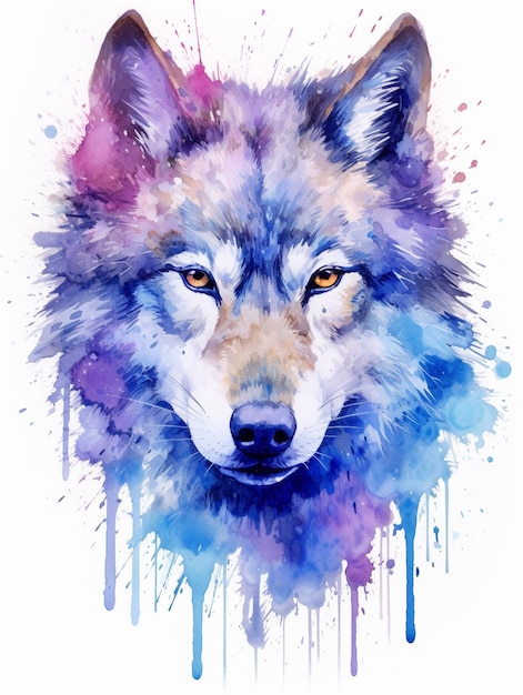 Watercolor painting of a wolf with blue eyes and a purple background.