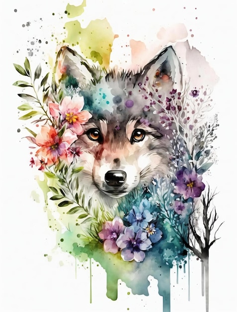 Watercolor painting of a wolf with flowers