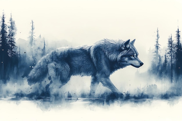 Photo watercolor painting of a wolf with a mountain background