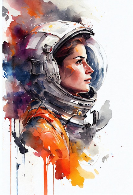 A watercolor painting of a woman astronaut.