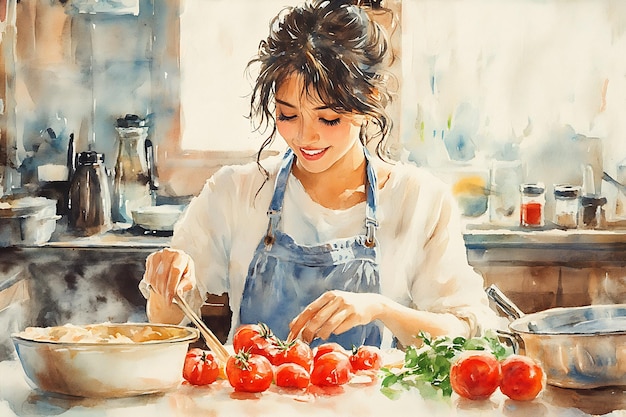 Watercolor Painting of a Woman Cooking in the Kitchen