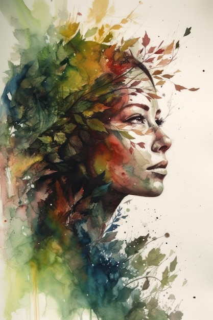 A watercolor painting of a woman's face with leaves on it.