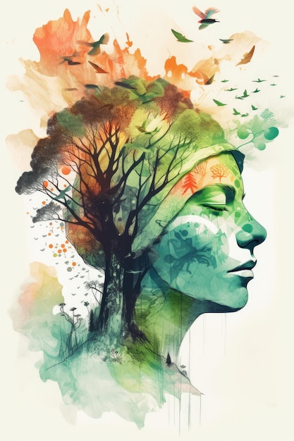 A watercolor painting of a woman's head with trees and birds on it.