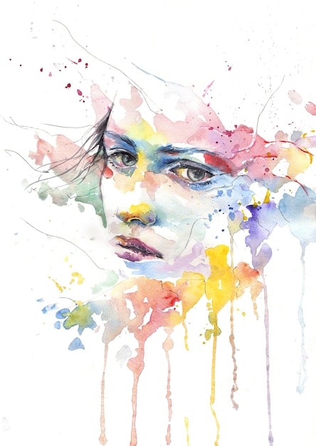 a watercolor painting of a woman with a blue and pink face