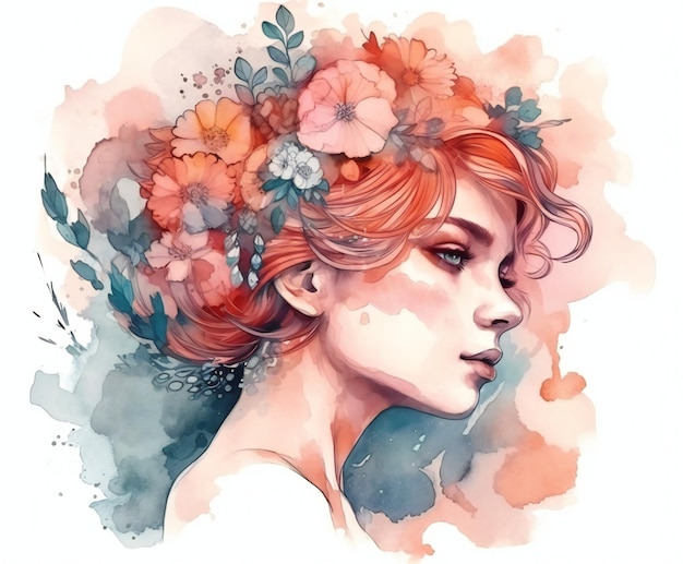 A watercolor painting of a woman with flowers on her head