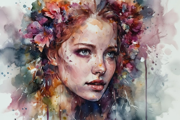 A watercolor painting of a woman with flowers on her head