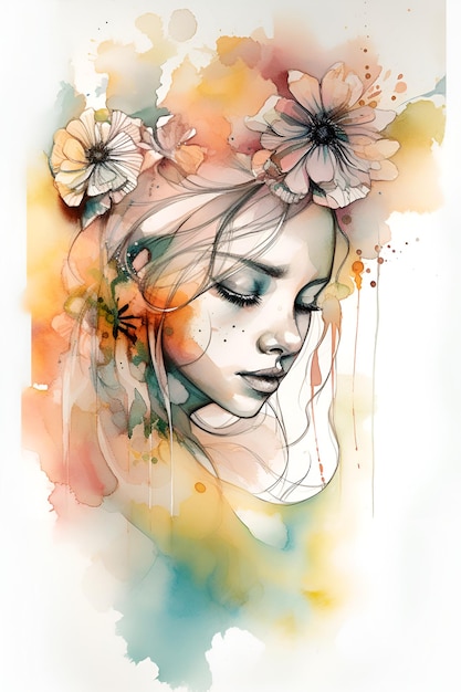 A watercolor painting of a woman with flowers on her head