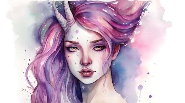 A watercolor painting of a woman with purple hair and a unicorn head.