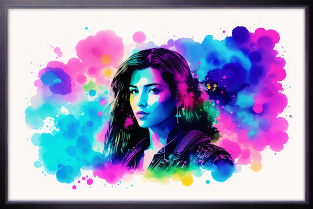 A watercolor painting of a woman with a rainbow colored background.