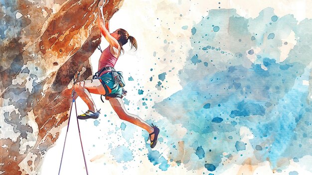 Photo watercolor painting of a woman with a rope doing rock climbing on a rock