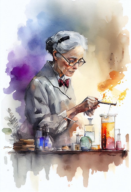 A watercolor painting of a woman working in a lab