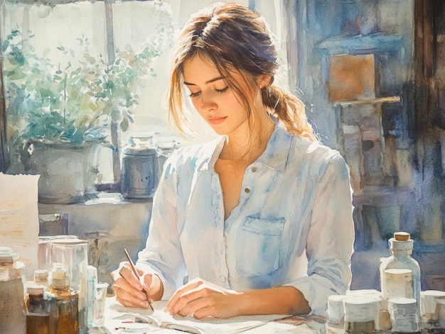 Photo watercolor painting of woman writing in a room with sunlight