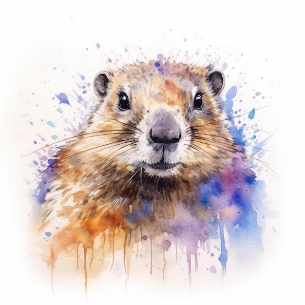 Watercolor painting of woodchuck with white background