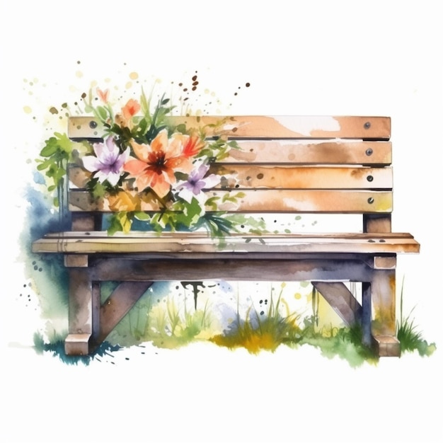 Watercolor painting of a wooden bench with flowers.