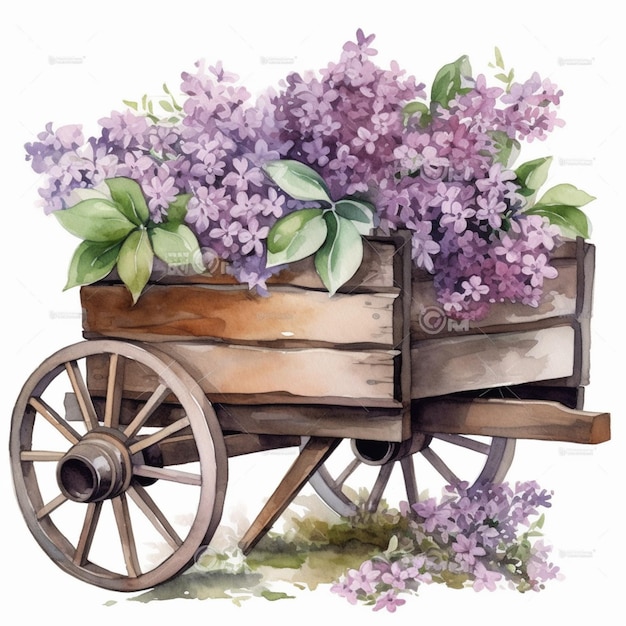 A watercolor painting of a wooden cart full of lilacs.