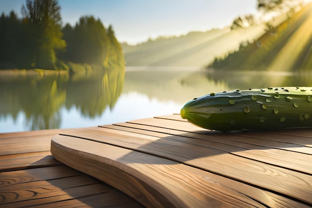 A watercolor painting of a wooden dock with a cucumber on it.