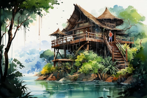 Watercolor painting of a wooden house in the jungle on a lake