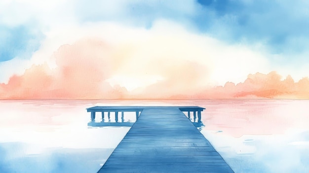 Photo watercolor painting of a wooden pier extending into the calm water of a lake at sunset