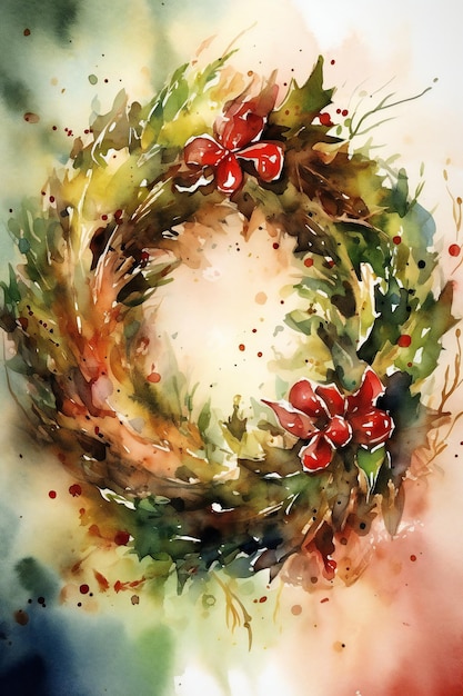 A watercolor painting of a wreath with red berries and a red bow.