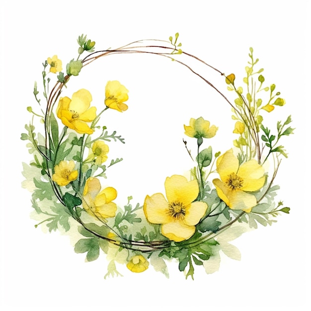 A watercolor painting of a wreath of yellow flowers.