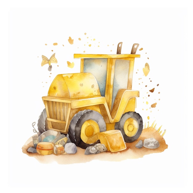 A watercolor painting of a yellow forklift with a pile of rocks and a bucket of cheese.