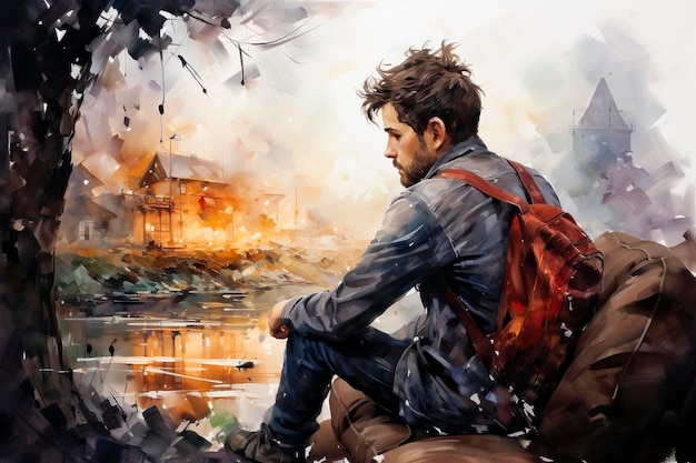 Watercolor painting of a young man with a backpack sitting in front of a house by the lake