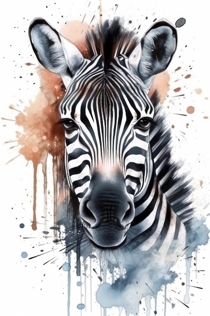 A watercolor painting of a zebra with a blue background.