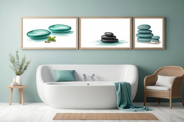 Watercolor paintings in a spa relaxation room mockup with blank white empty space for placing your design