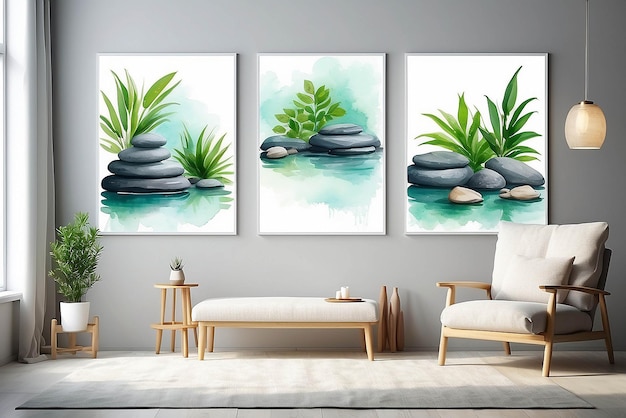 Watercolor paintings in a spa relaxation room mockup with blank white empty space for placing your design