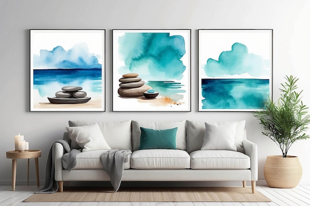 Watercolor paintings in a spa relaxation room mockup with blank white empty space for placing your design