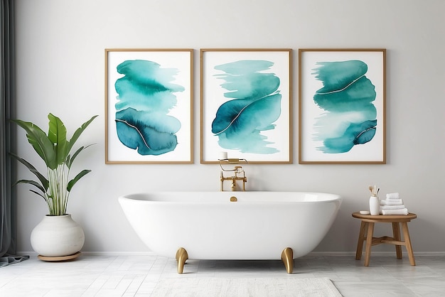 Watercolor paintings in a spa relaxation room mockup with blank white empty space for placing your design