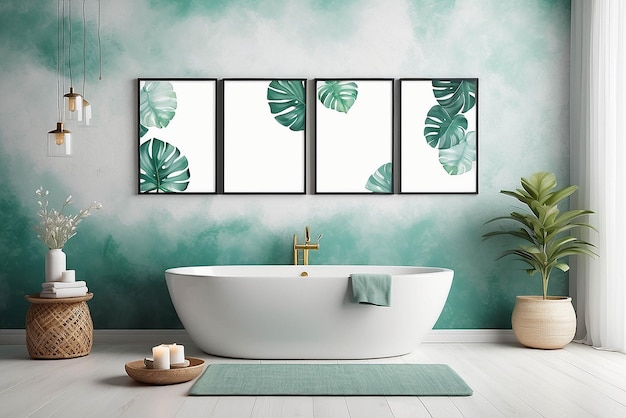 Watercolor paintings in a spa relaxation room mockup with blank white empty space for placing your design