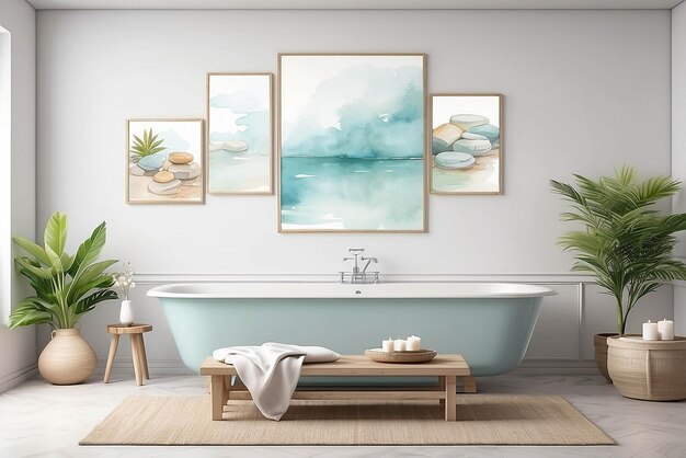 Watercolor paintings in a spa relaxation room mockup with blank white empty space for placing your design