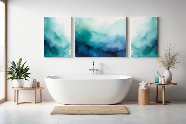 Watercolor paintings in a spa relaxation room mockup with blank white empty space for placing your design