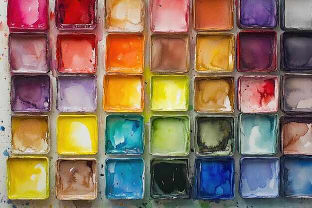 Photo watercolor palette with colorful paint samples