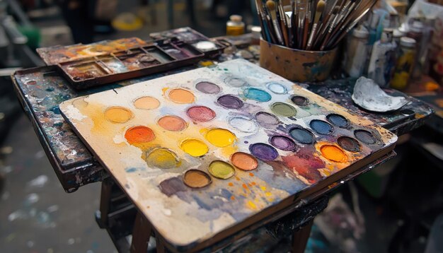 Photo watercolor palette with vibrant hues on a painters workbench in an artists studio