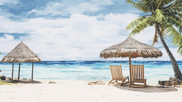 Watercolor Palm Beach with wooden chairs and straw umbrellas picturesque island