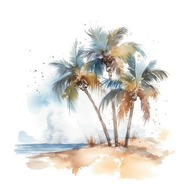 Watercolor Palm trees swaying in the wind on a sandy beach