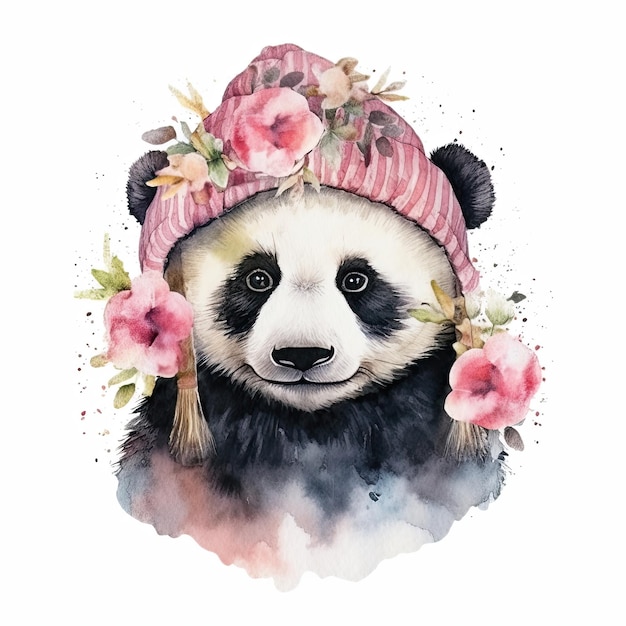 Watercolor panda in hat with flowers Illustration AI GenerativexA