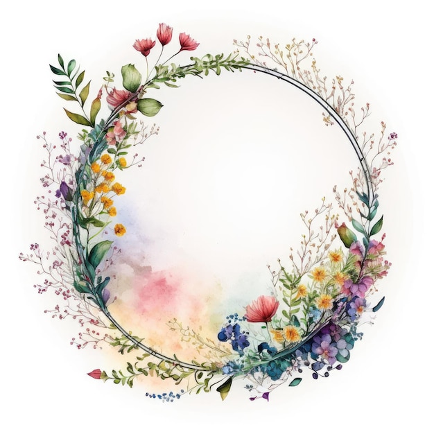 Photo watercolor pastel floral wreath drawing in circle made from dried flower